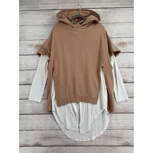 Free People FP Beach Long Sleeve T-Shirt Lined Split Hoodie Womens XS Tan White